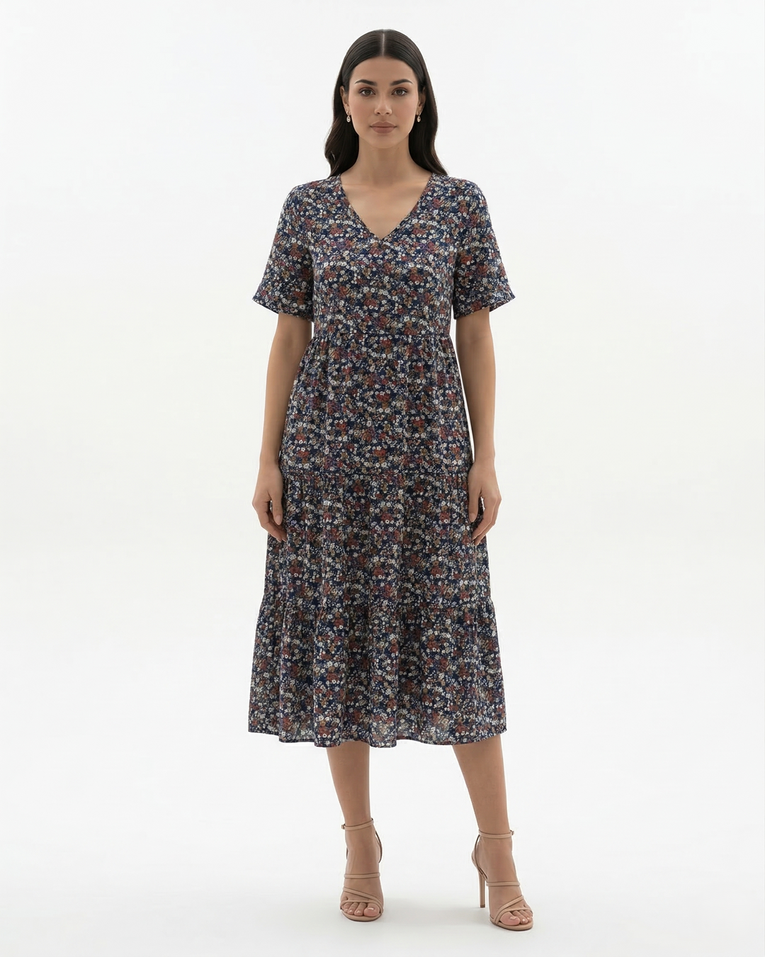 Floral Midi Dress V Neck Flutter Sleeve Tiered