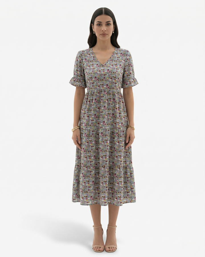 Floral Midi Dress V Neck Flutter Sleeve Tiered
