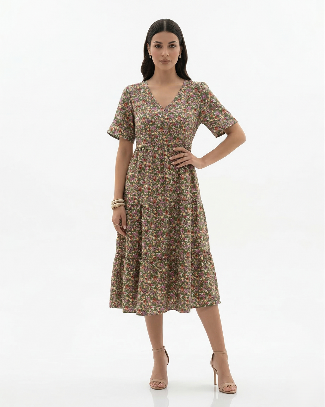 Floral Midi Dress V Neck Flutter Sleeve Tiered