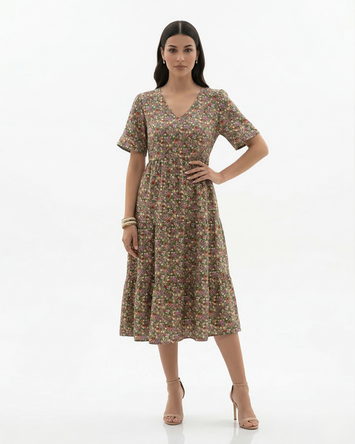 Floral Midi Dress V Neck Flutter Sleeve Tiered