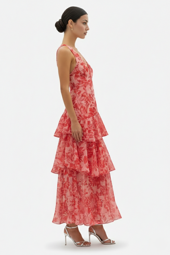 Floral Print Deep V Neck Chiffon Tiered Ruffle Maxi Dress Adjustable Strap Back 