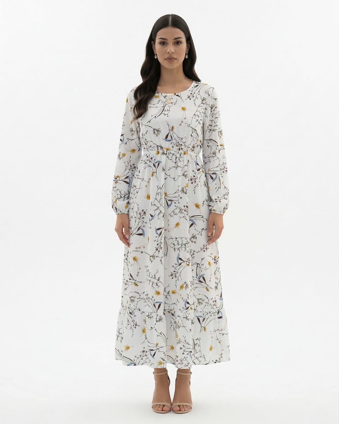 Floral Print Maxi Dress Long Sleeve A Line Tiered Hem