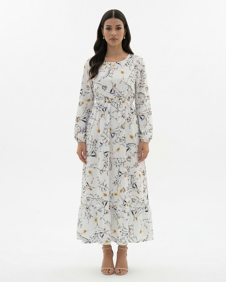 Floral Print Maxi Dress Long Sleeve A Line Tiered Hem
