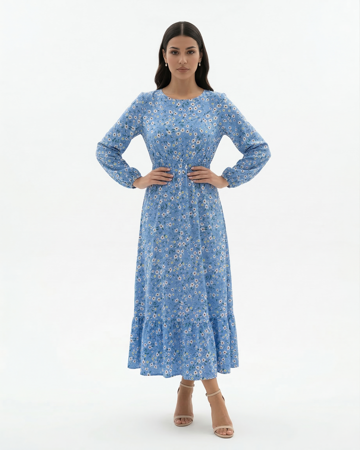 Floral Print Maxi Dress Long Sleeve A Line Tiered Hem