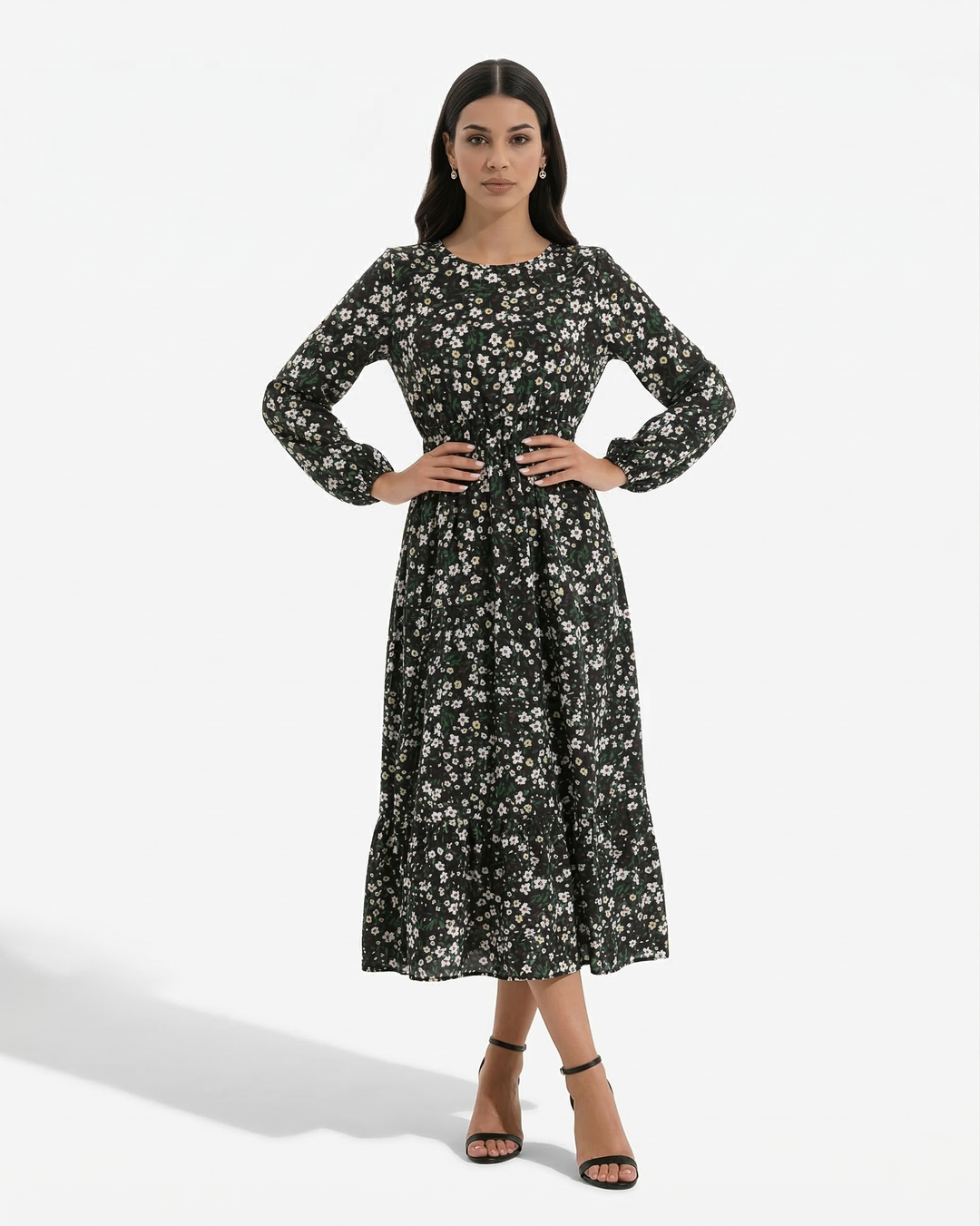 Floral Print Maxi Dress Long Sleeve A Line Tiered Hem
