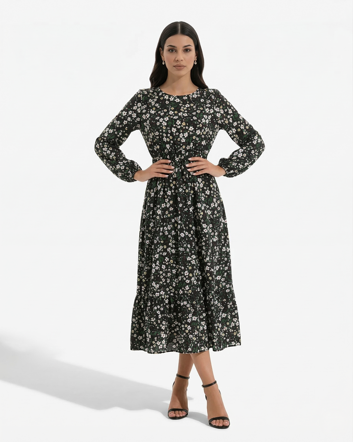 Floral Print Maxi Dress Long Sleeve A Line Tiered Hem