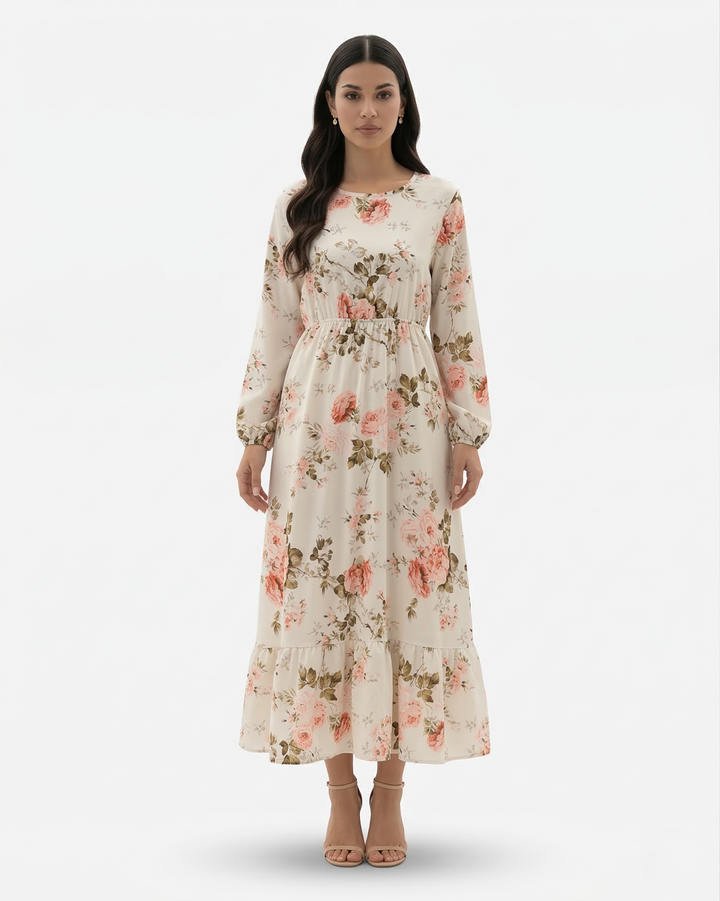 Floral Print Maxi Dress Long Sleeve A Line Tiered Hem