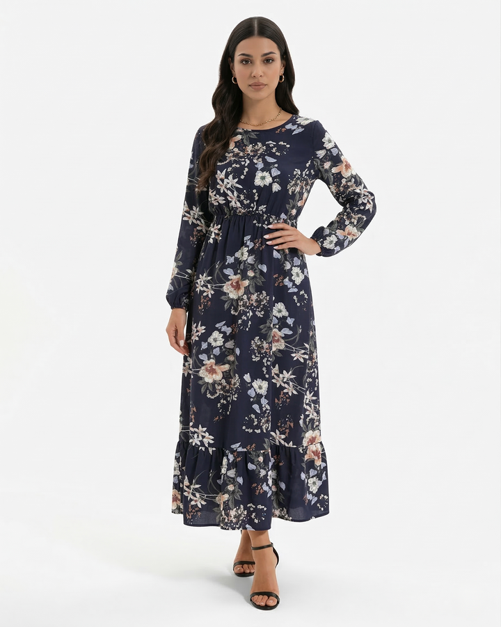 Floral Print Maxi Dress Long Sleeve A Line Tiered Hem