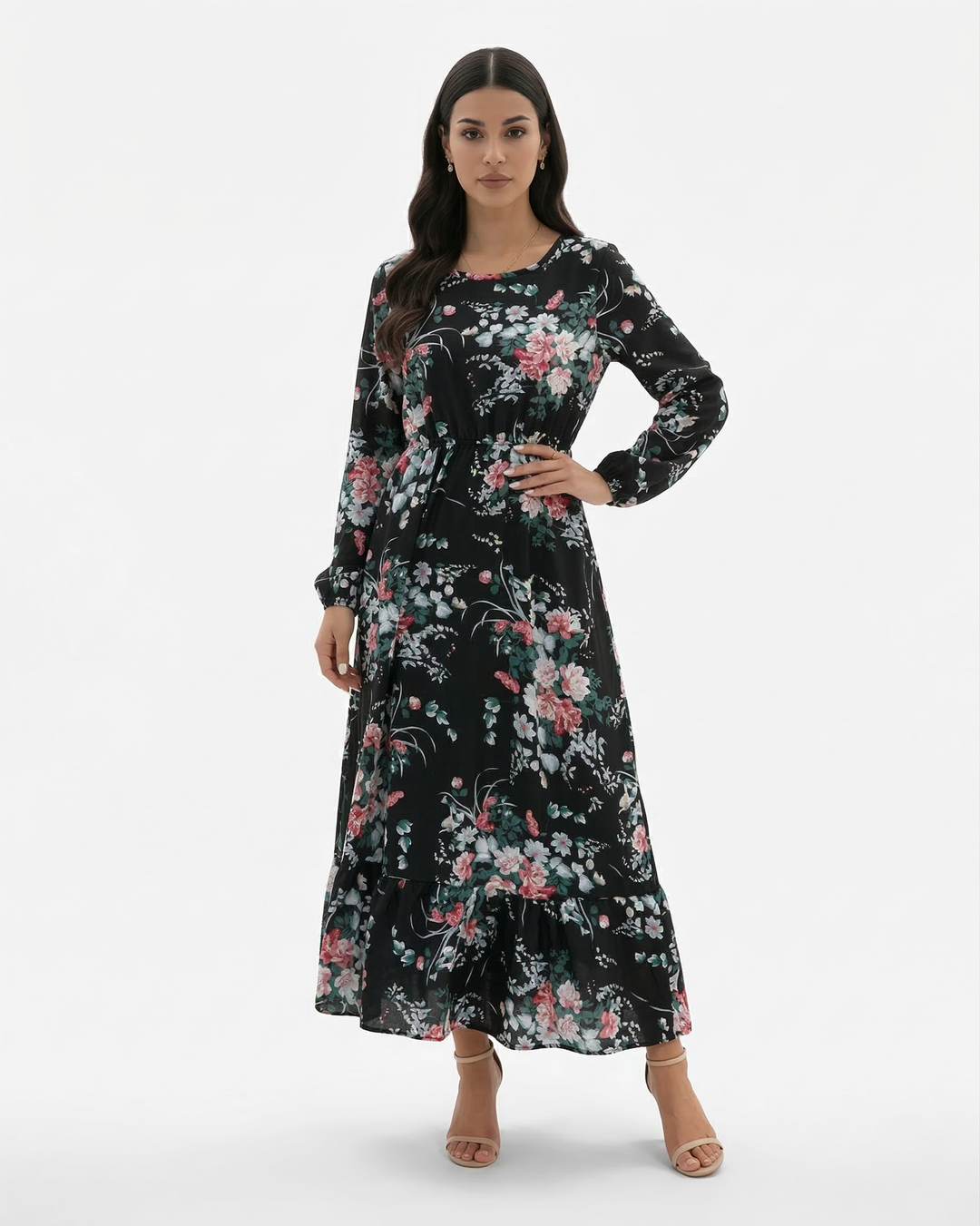 Floral Print Maxi Dress Long Sleeve A Line Tiered Hem