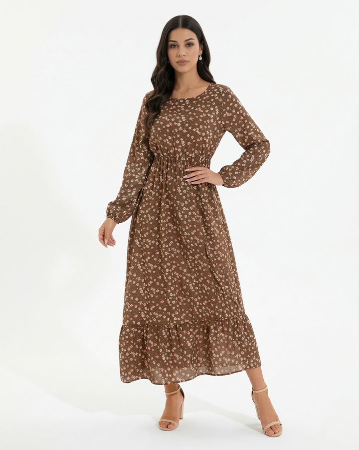 Floral Print Maxi Dress Long Sleeve A Line Tiered Hem