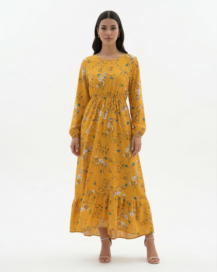 Floral Print Maxi Dress Long Sleeve A Line Tiered Hem