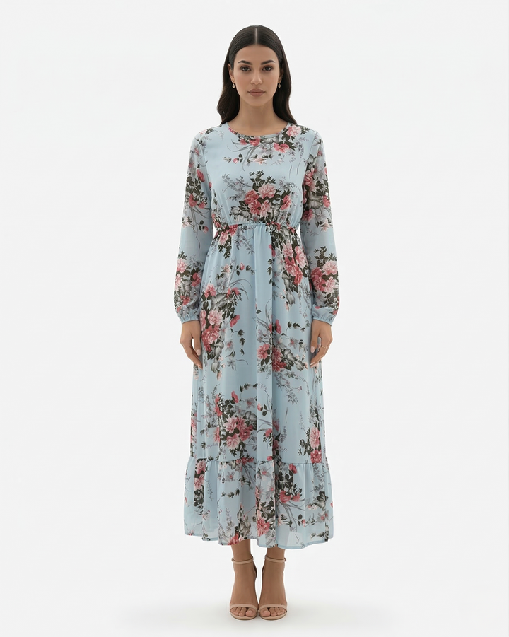Floral Print Maxi Dress Long Sleeve A Line Tiered Hem