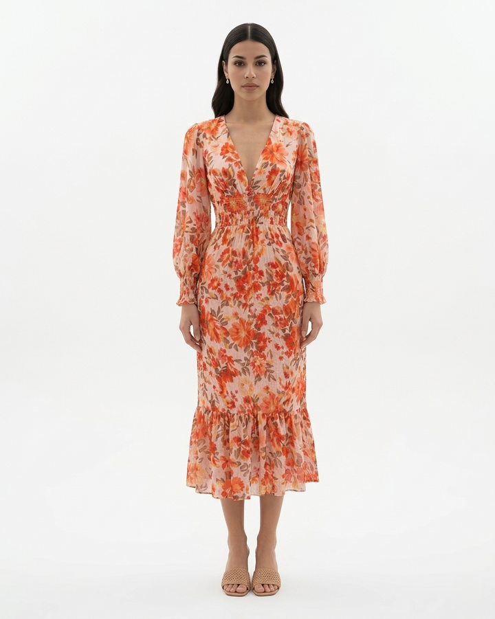 Floral Print Midi Dress Long Sleeve V Neck Shirred Waist Ruffle Hem