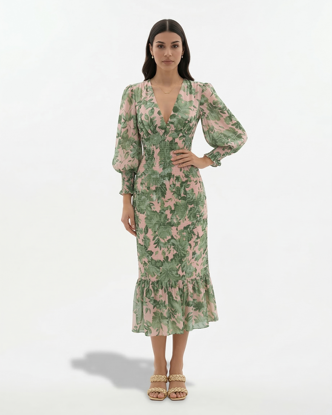 Floral Print Midi Dress Long Sleeve V Neck Shirred Waist Ruffle Hem