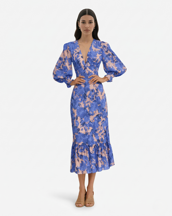 Floral Print Midi Dress Long Sleeve V Neck Shirred Waist Ruffle Hem