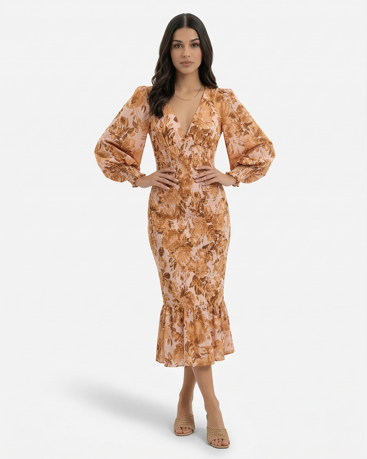 Floral Print Midi Dress Long Sleeve V Neck Shirred Waist Ruffle Hem