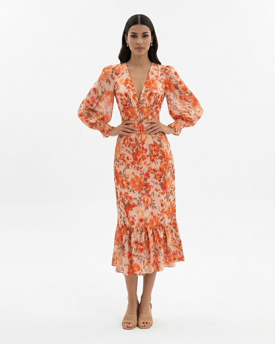 Floral Print Midi Dress Long Sleeve V Neck Shirred Waist Ruffle Hem