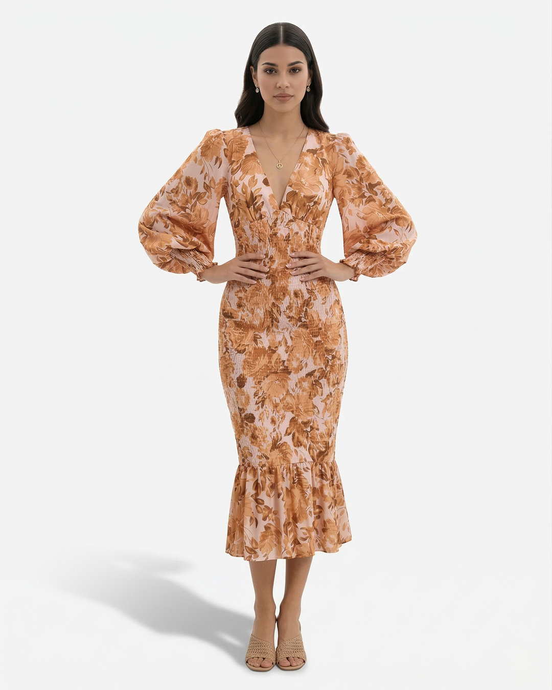 Floral Print Midi Dress Long Sleeve V Neck Shirred Waist Ruffle Hem
