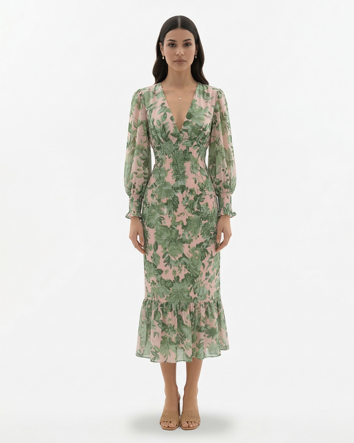 Floral Print Midi Dress Long Sleeve V Neck Shirred Waist Ruffle Hem