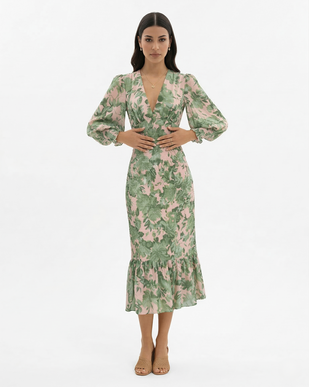 Floral Print Midi Dress Long Sleeve V Neck Shirred Waist Ruffle Hem