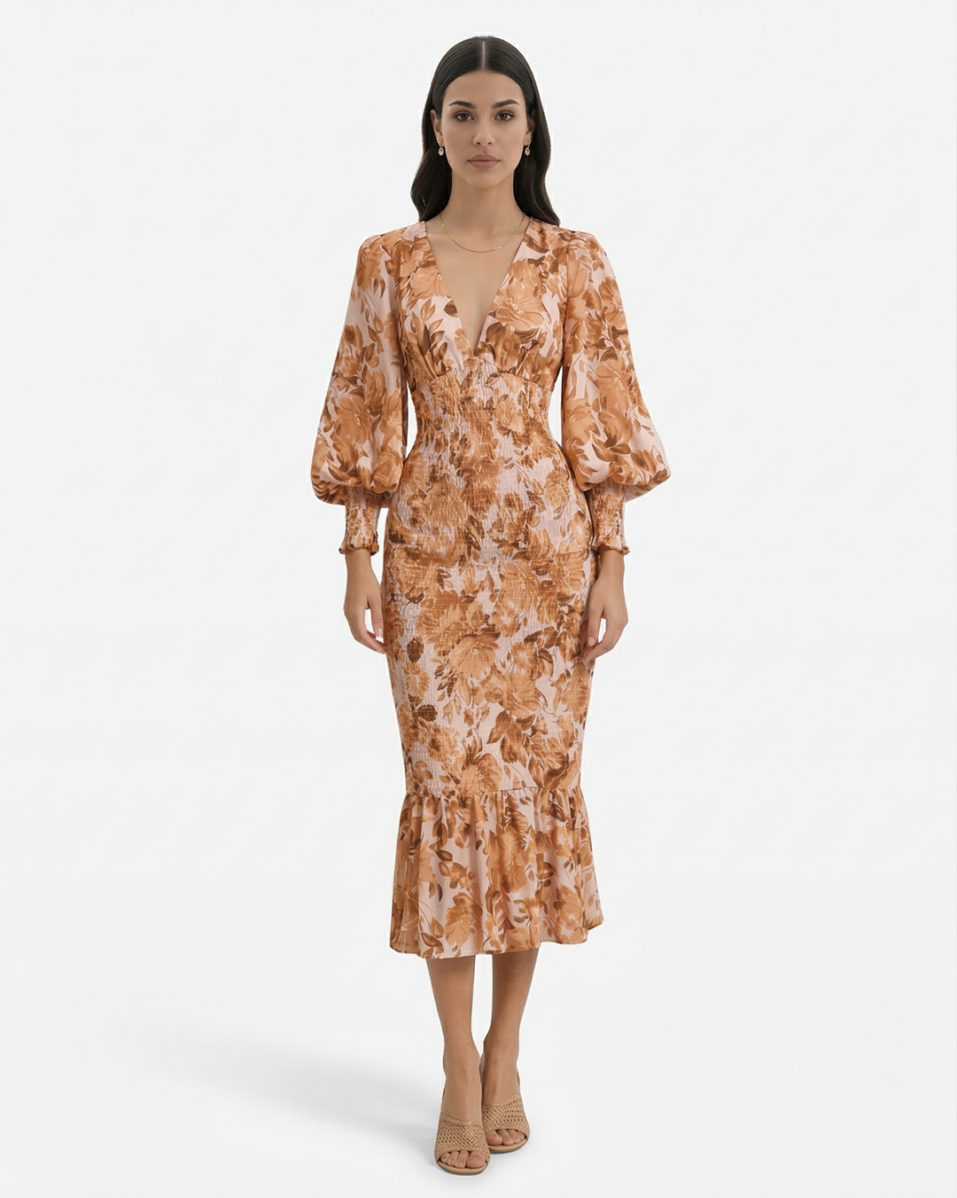 Floral Print Midi Dress Long Sleeve V Neck Shirred Waist Ruffle Hem