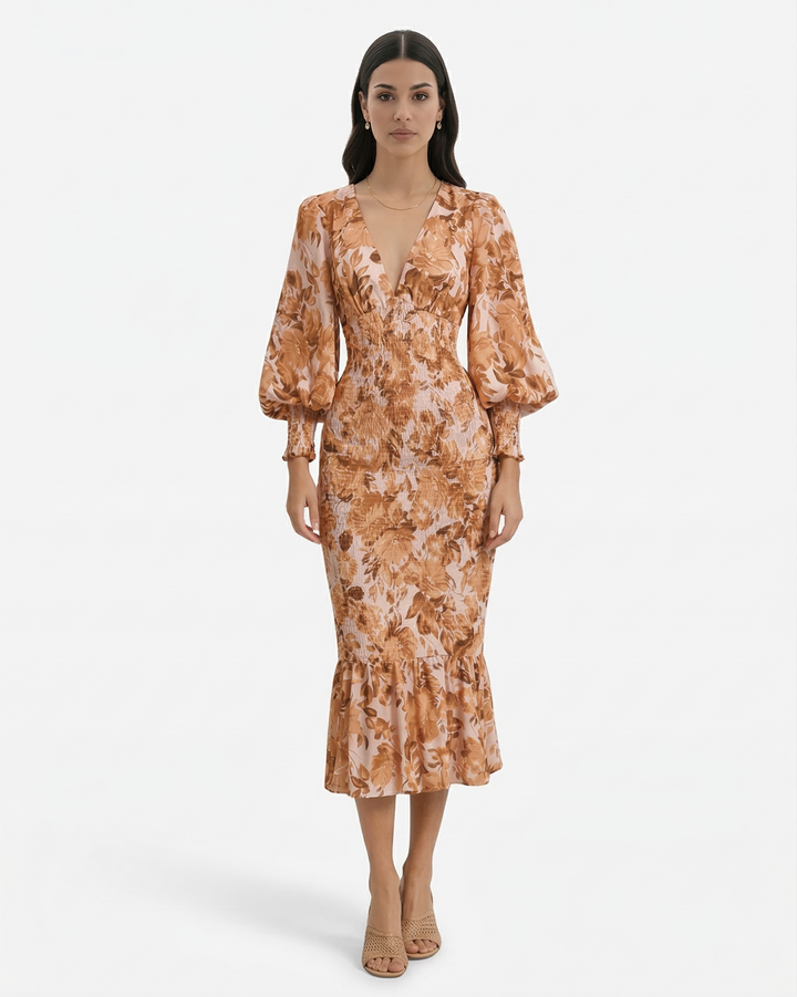 Floral Print Midi Dress Long Sleeve V Neck Shirred Waist Ruffle Hem