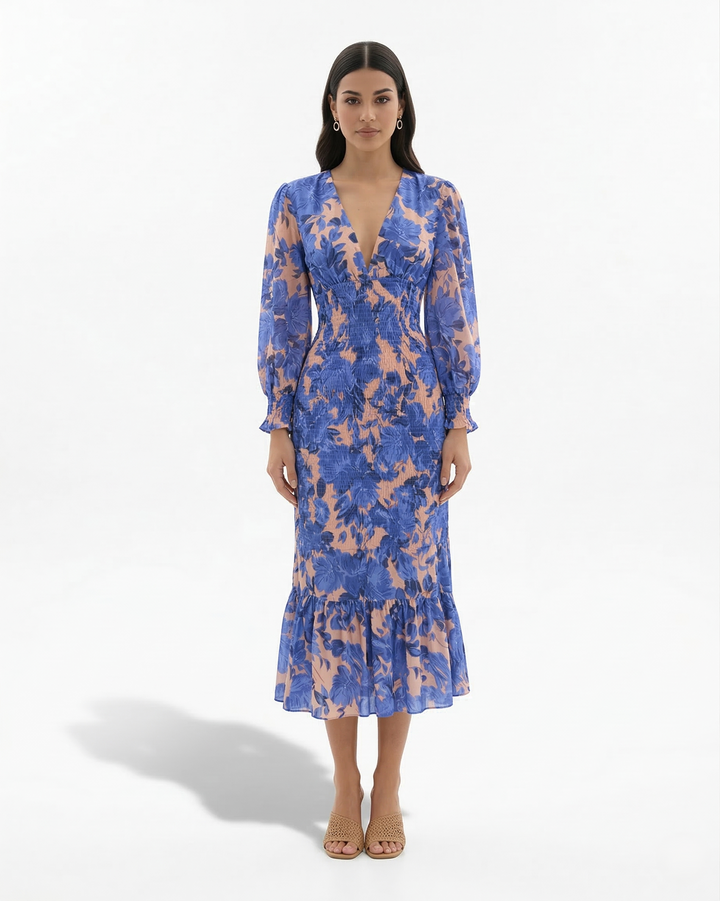 Floral Print Midi Dress Long Sleeve V Neck Shirred Waist Ruffle Hem