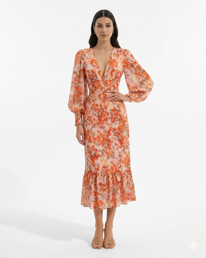 Floral Print Midi Dress Long Sleeve V Neck Shirred Waist Ruffle Hem