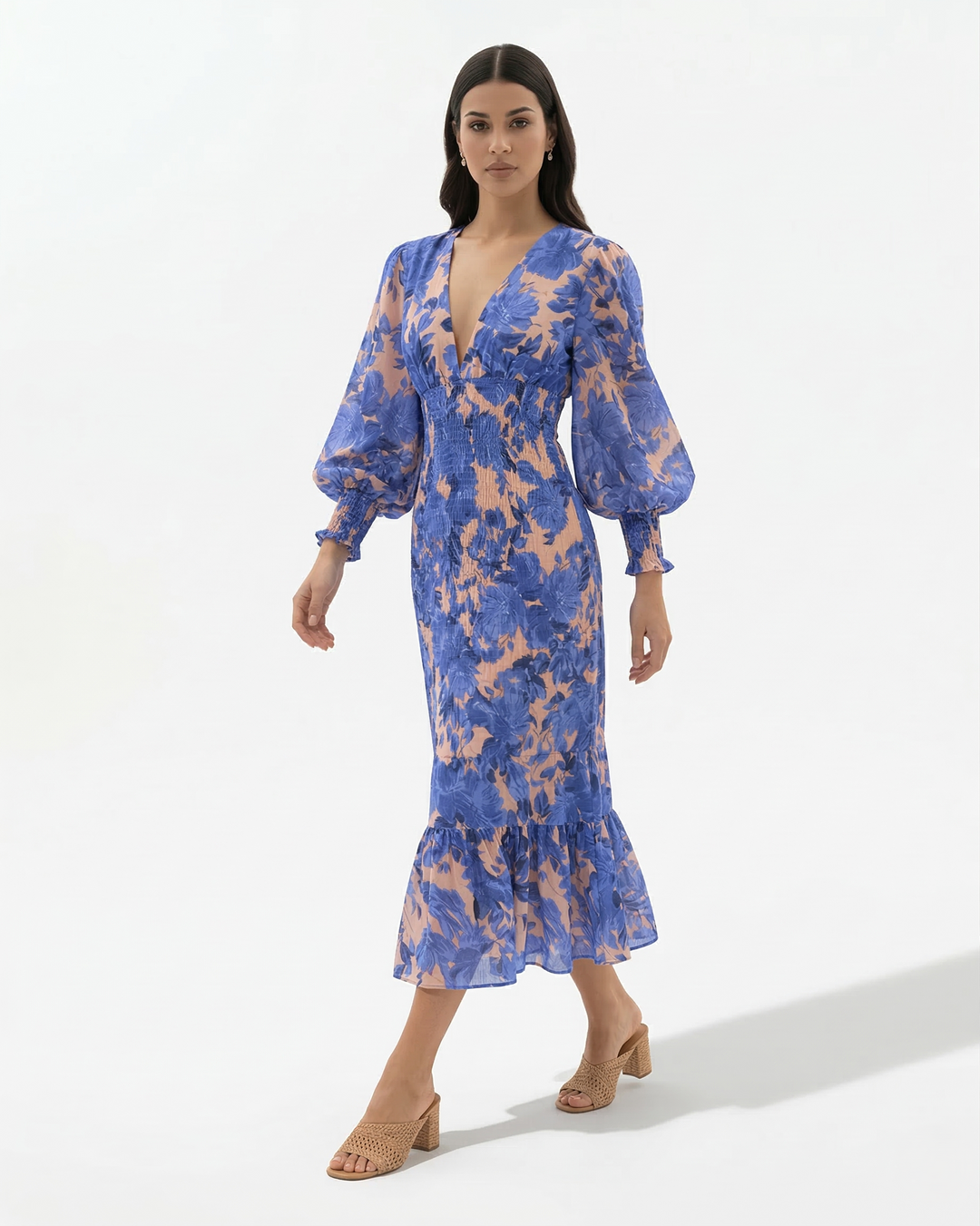Floral Print Midi Dress Long Sleeve V Neck Shirred Waist Ruffle Hem