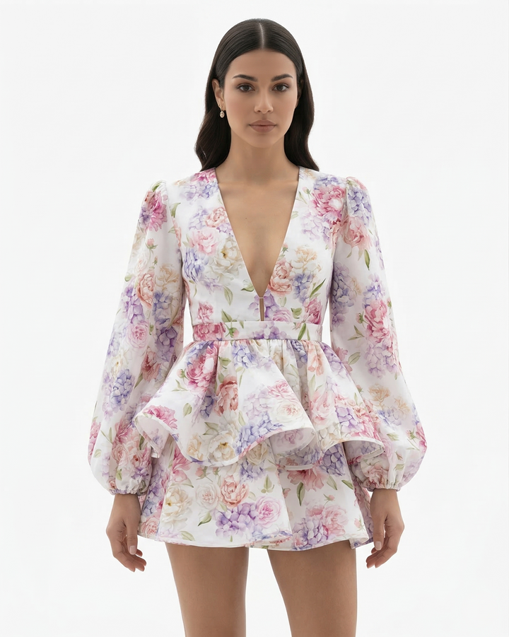 Floral Print Mini Dress Deep V Neck Puff Sleeve Tiered Ruffle Hem