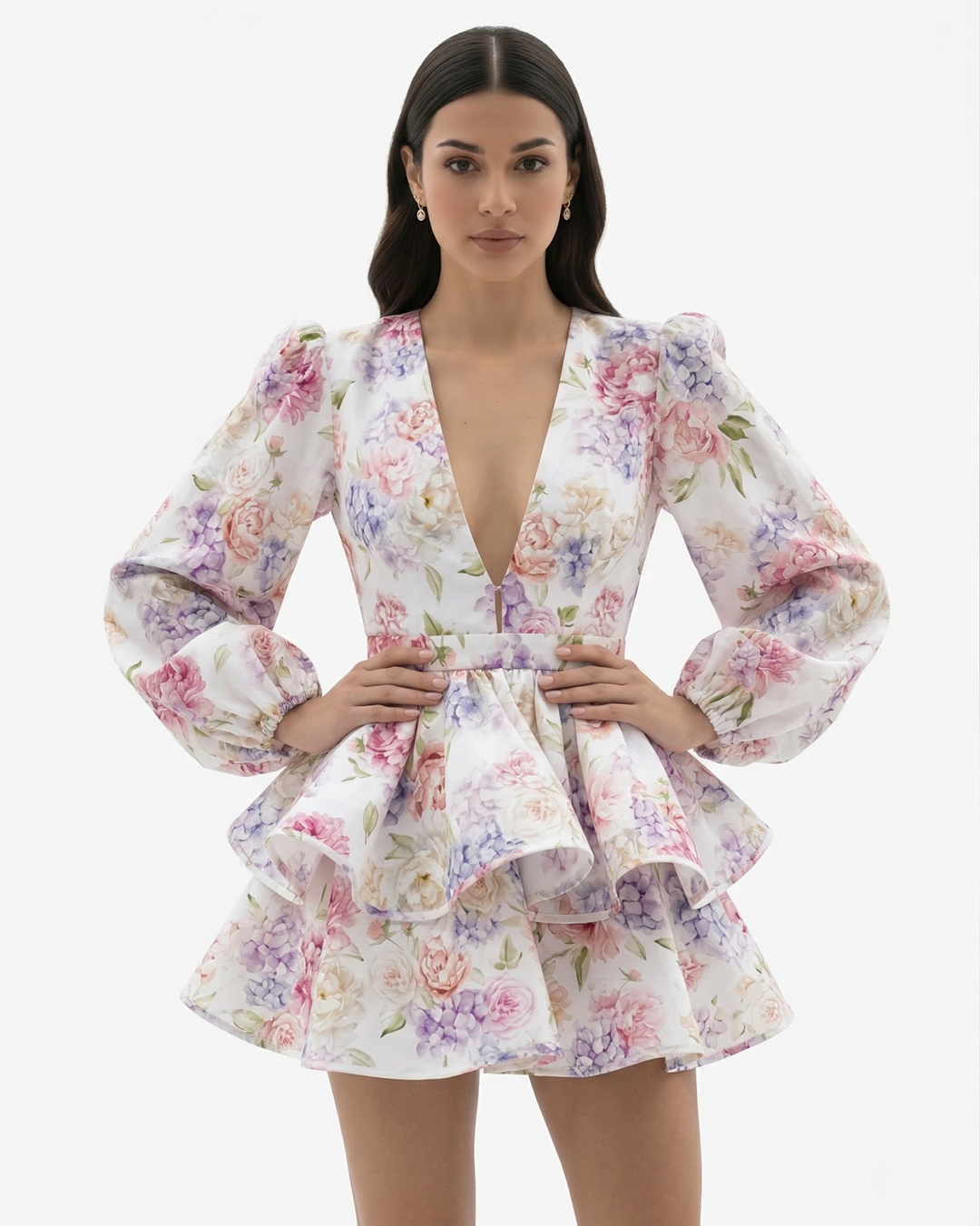 Floral Print Mini Dress Deep V Neck Puff Sleeve Tiered Ruffle Hem