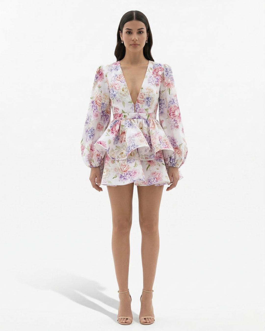 Floral Print Mini Dress Deep V Neck Puff Sleeve Tiered Ruffle Hem