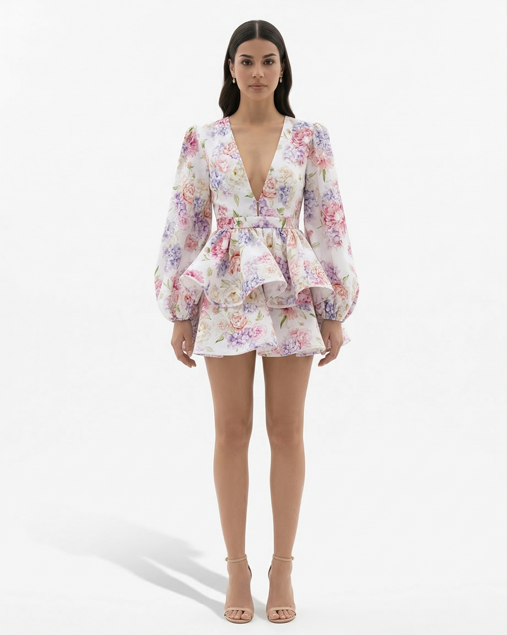 Floral Print Mini Dress Deep V Neck Puff Sleeve Tiered Ruffle Hem