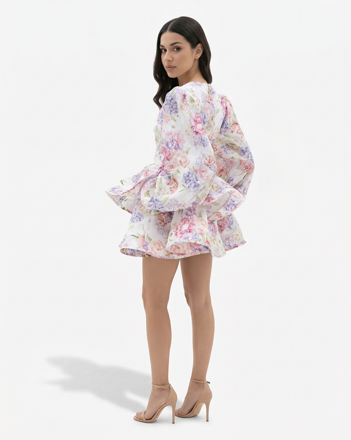 Floral Print Mini Dress Deep V Neck Puff Sleeve Tiered Ruffle Hem