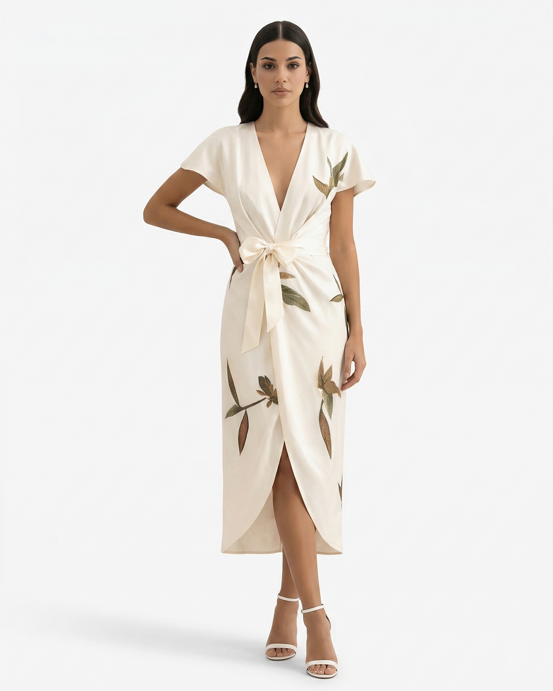 Floral Print Wrap Midi Dress V Neck Flutter Sleeve Tie Waist Asymmetrical Hem