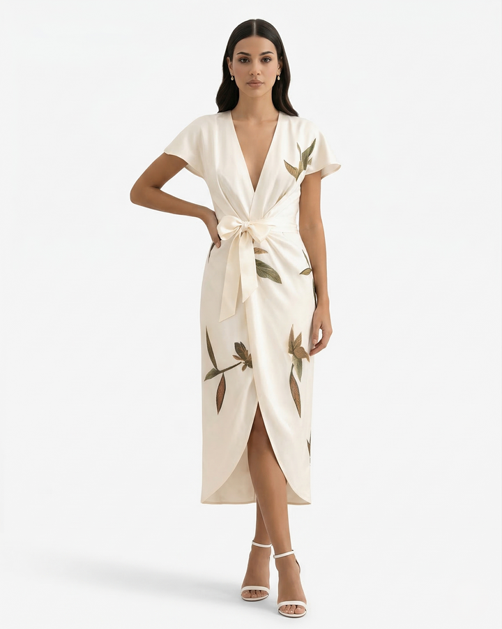 Floral Print Wrap Midi Dress V Neck Flutter Sleeve Tie Waist Asymmetrical Hem