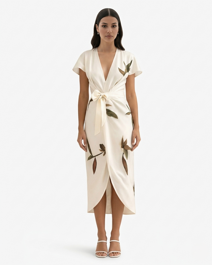 Floral Print Wrap Midi Dress V Neck Flutter Sleeve Tie Waist Asymmetrical Hem