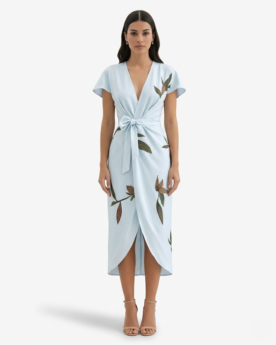 Floral Print Wrap Midi Dress V Neck Flutter Sleeve Tie Waist Asymmetrical Hem