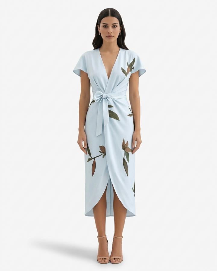 Floral Print Wrap Midi Dress V Neck Flutter Sleeve Tie Waist Asymmetrical Hem
