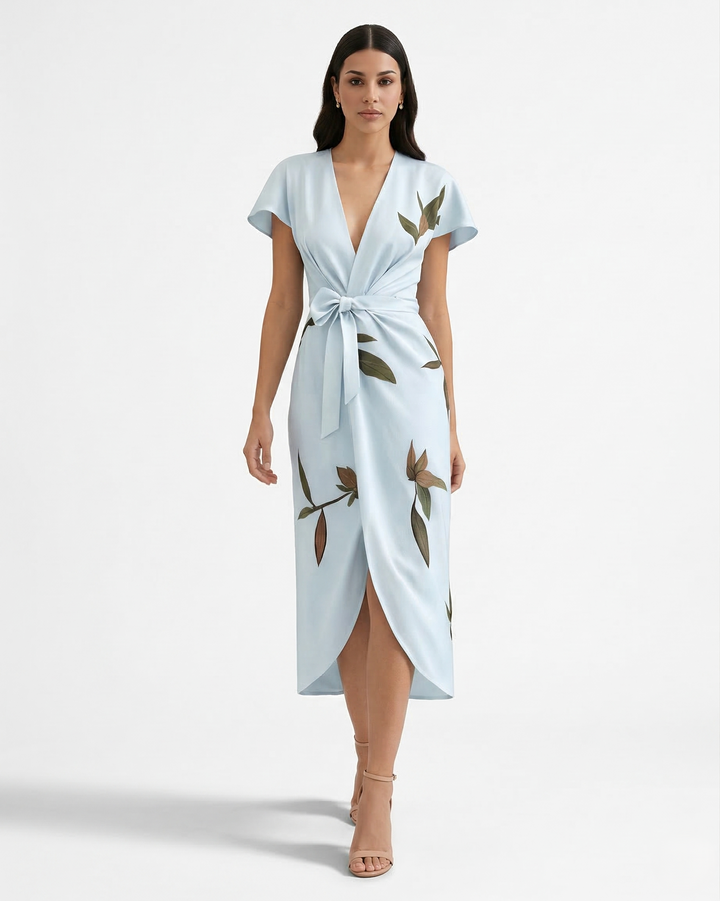 Floral Print Wrap Midi Dress V Neck Flutter Sleeve Tie Waist Asymmetrical Hem