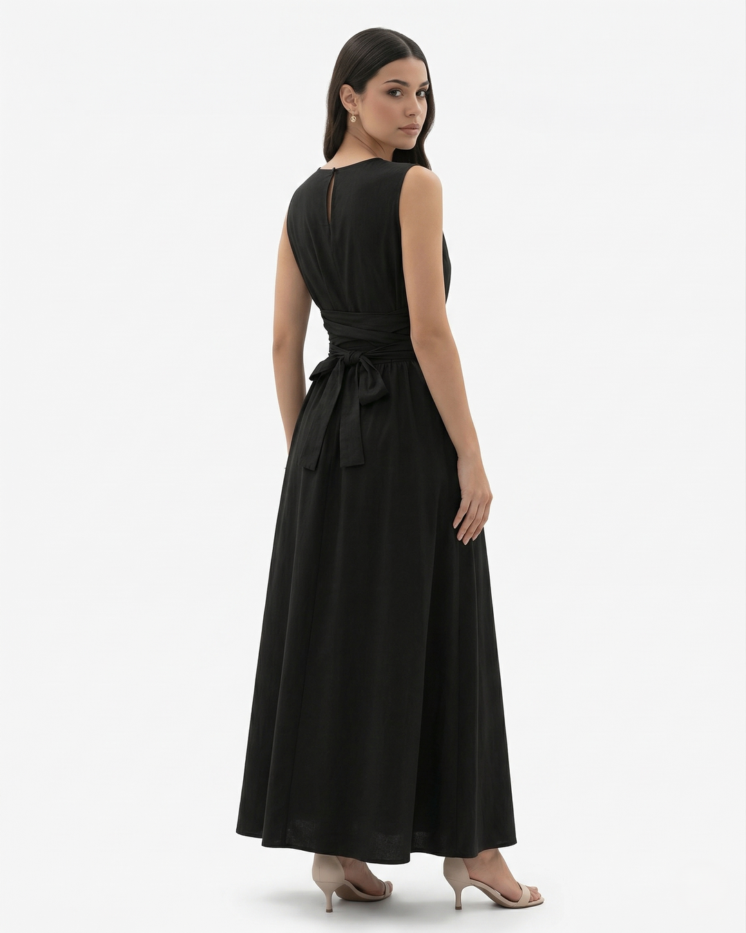 Sleeveless Maxi Dress Crew Neck Tie Waist A Line Dress with Pockets