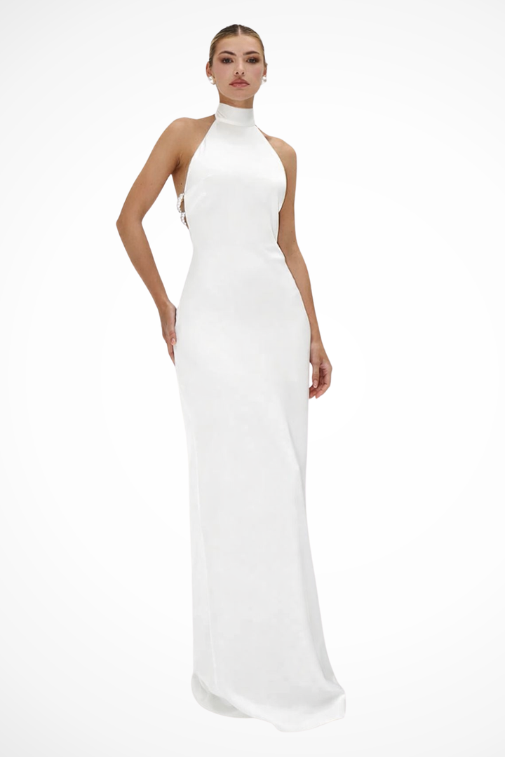 Siopie Women's High Neck Halter Chain Detail Backless Maxi Dress