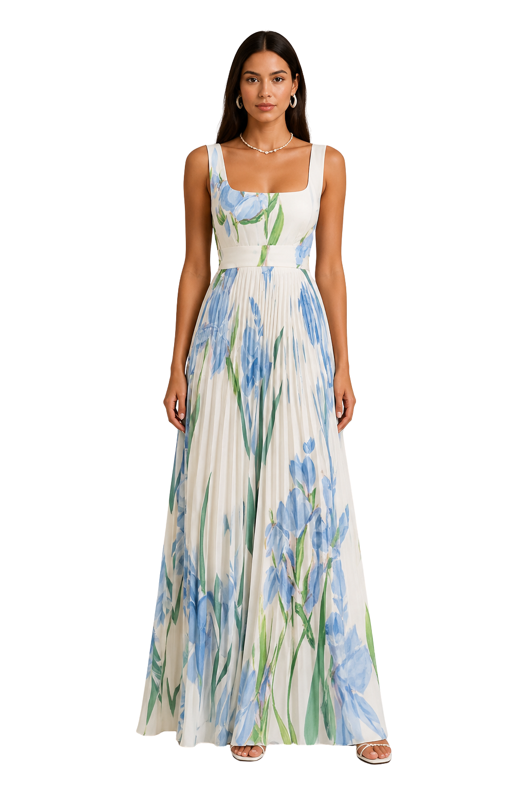 Light Blue Women's Floral Pleated Square Neck Maxi Dress – Siopie