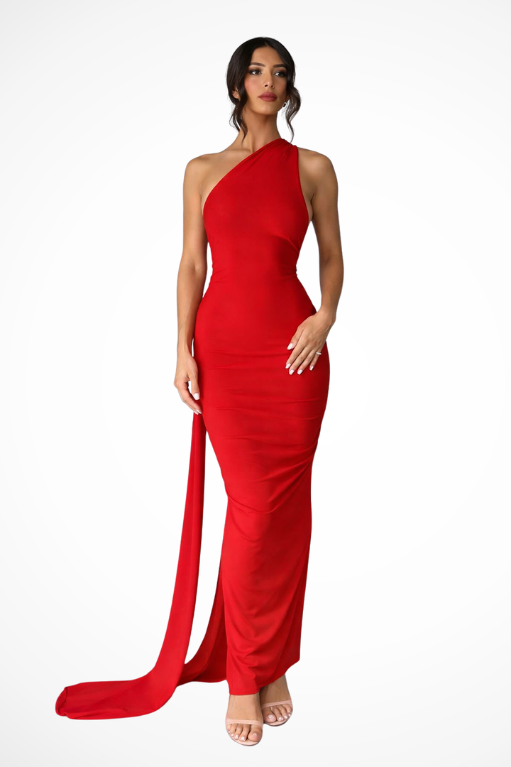 Siopie Women's One Shoulder Backless Ruched Maxi Dress in Red