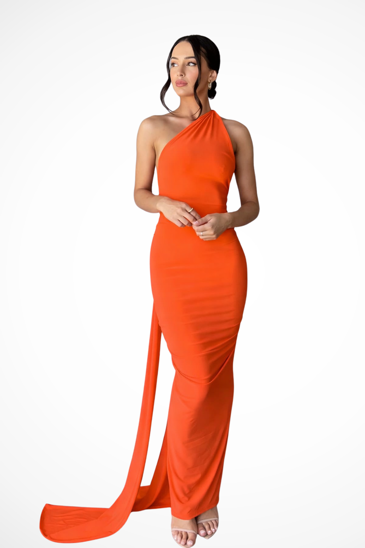 Siopie Women's One Shoulder Backless Ruched Maxi Dress in Orange