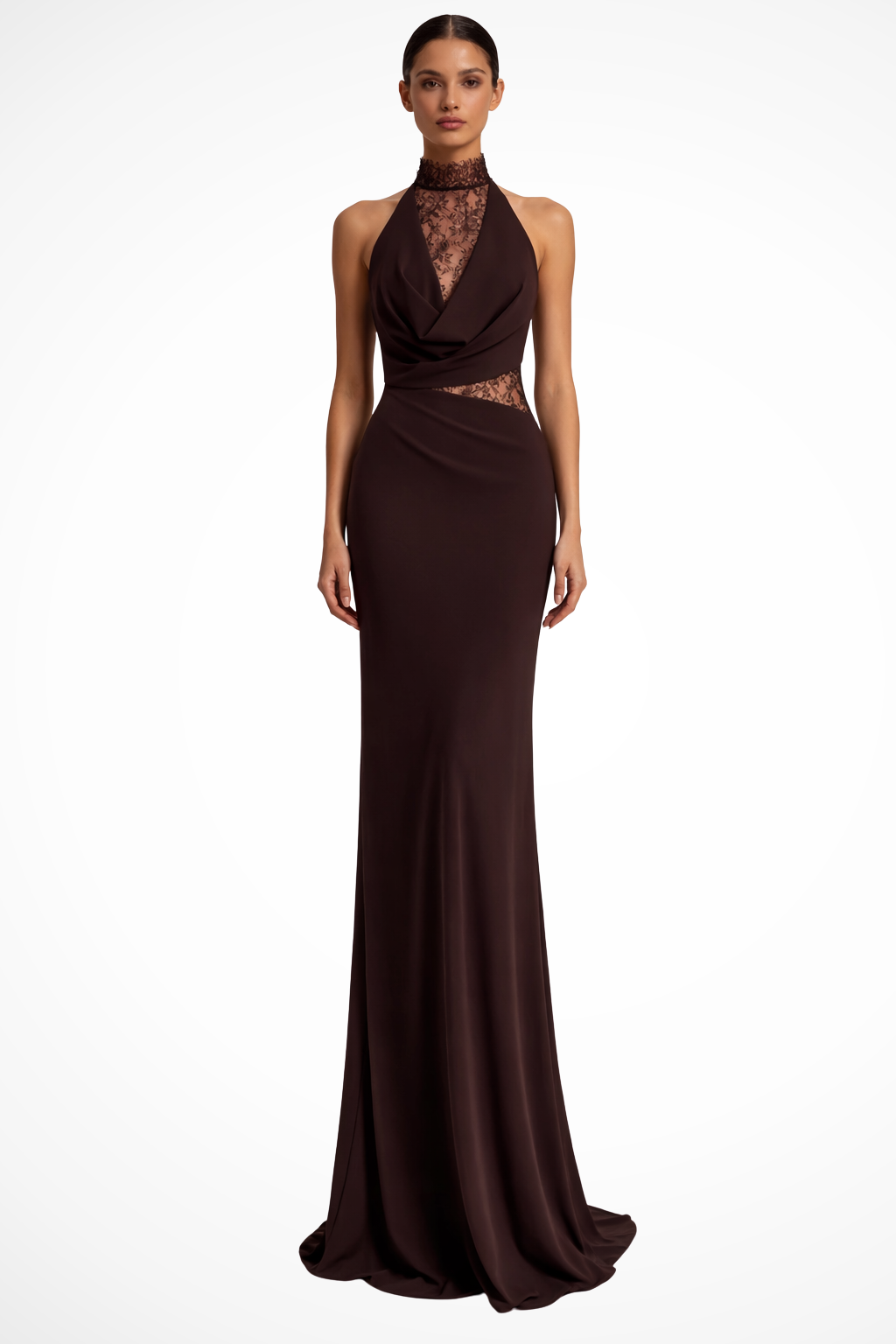 Siopie Women's Halter Neck Lace Panel Maxi Dress in Red Brown