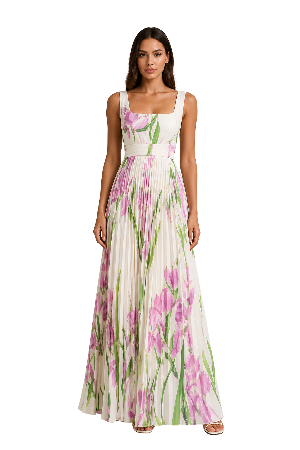 White Women's Floral Pleated Square Neck Maxi Dress – Siopie