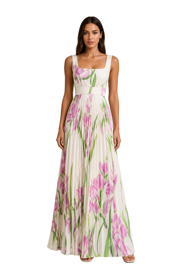 White Women's Floral Pleated Square Neck Maxi Dress – Siopie