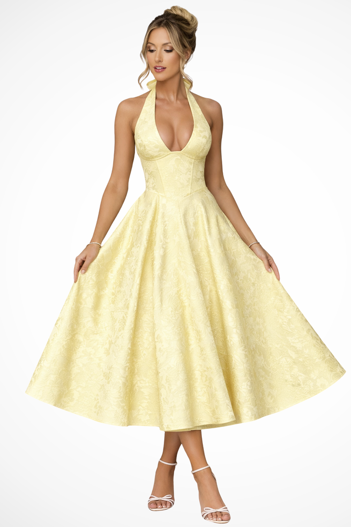 Halter Neck Corset Midi Dress Yellow – Siopie
