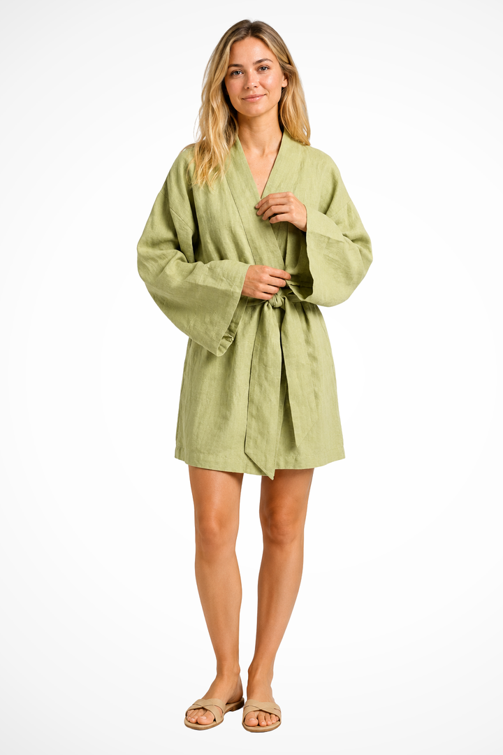 Siopie Linen Kimono Wrap Relaxed Midi Dress